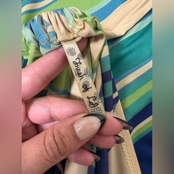 Fresh Of LA Green and Blue Striped Maxi V-Neck  Women's Dress Medium - Picture 4 of 5